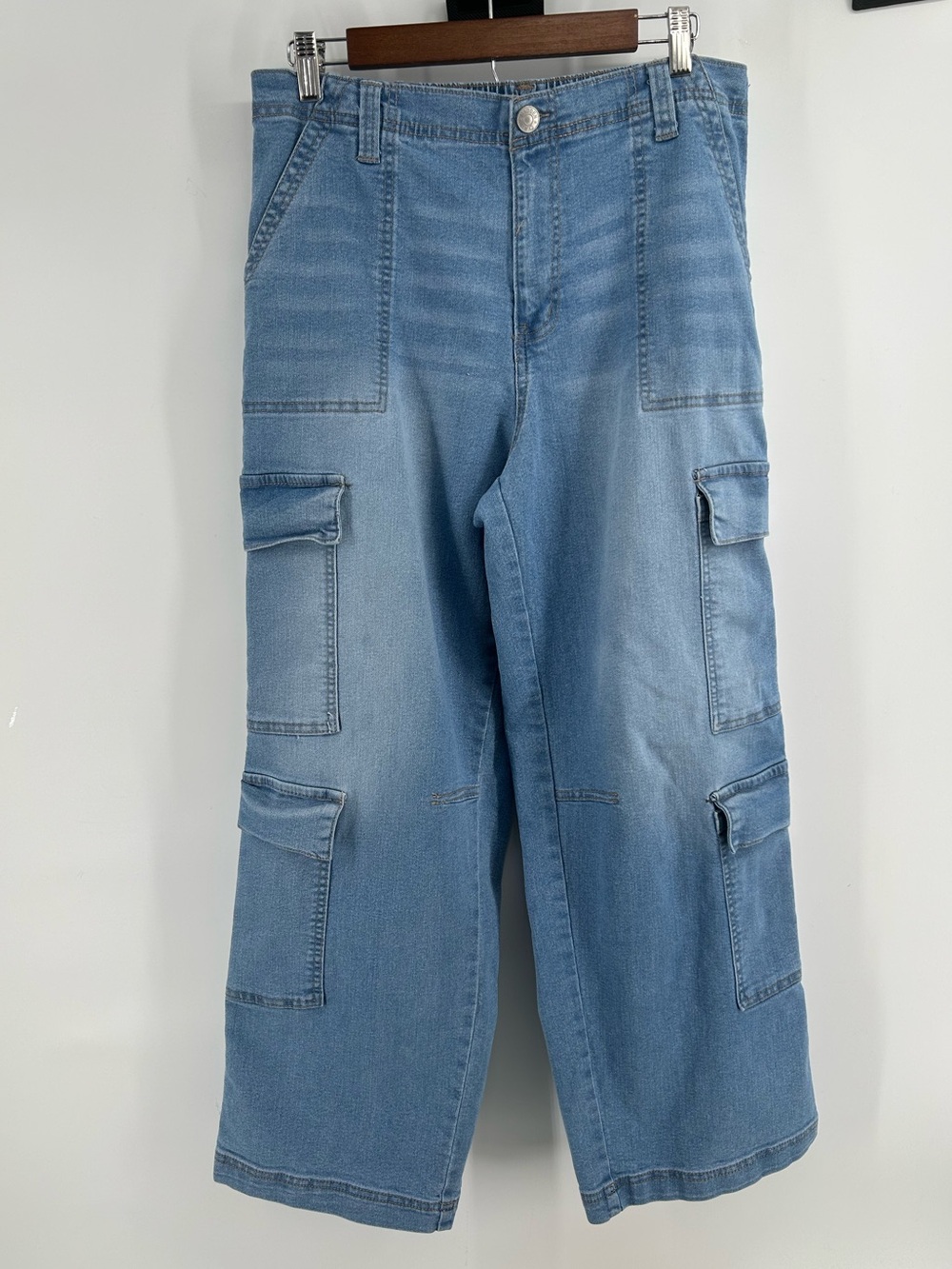 Madden NYC Wide Leg Light Blue Women's Cargo Jeans High Waist Relaxed Fit Sz L